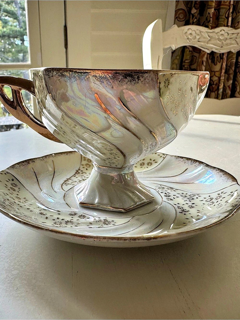 Vintage Japanese Lusterware Octagonal Teacup & Saucer Set, Iridescent Pearlescen
